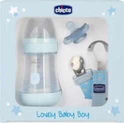 CHICCO Geschenkset "Lovely Baby" - Babyfläschchen, Sauger Und Schnullerband, Blau